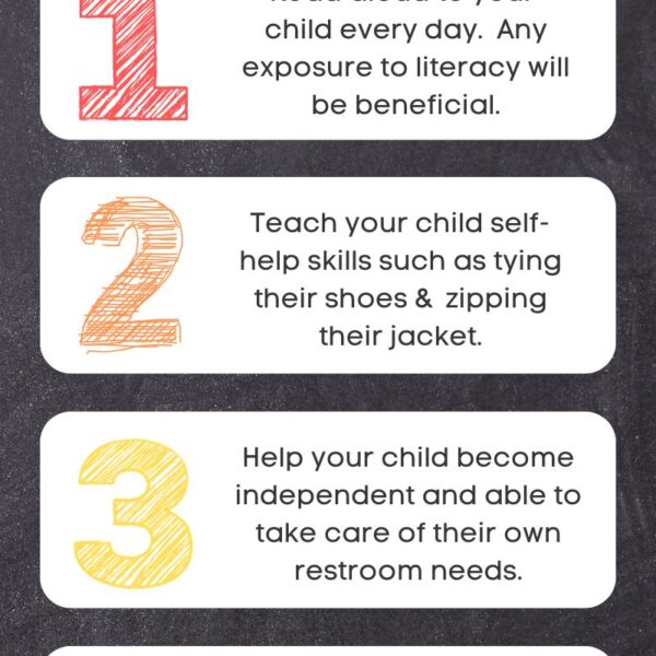 Infographic listing five essential ways to prepare kids for kindergarten, including reading, self-help skills, and early independence.